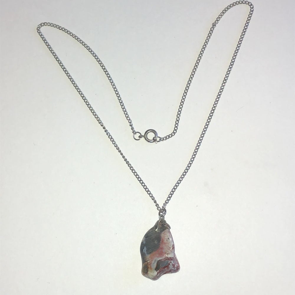 Silver Tone Chain Necklace with Irregular White and Peach Stone Pendant - Picture 5 of 6